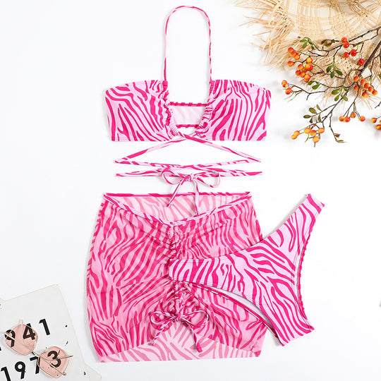 Damen Triangel-Bikini-Set mit transparentem Wickelrock und animalischem Muster R&B