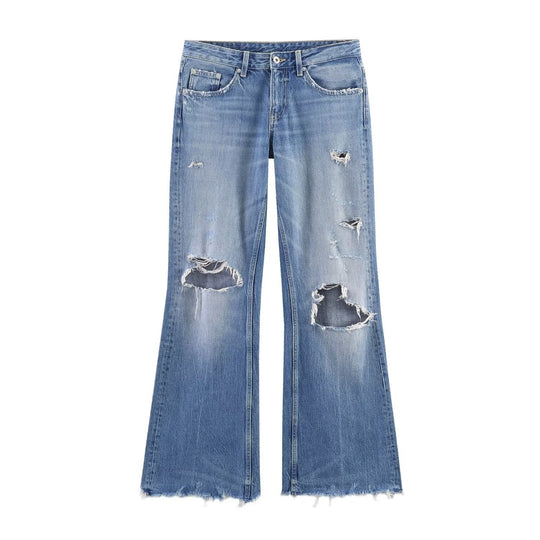 Damen Flared Jeans mit Destroyed-Effekten und Fransenabschlüssen R&B