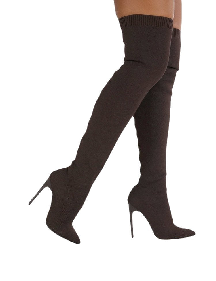 Damen Overknee Stiefel mit elegantem spitzem Absatz und modischem Strickdesign R&B