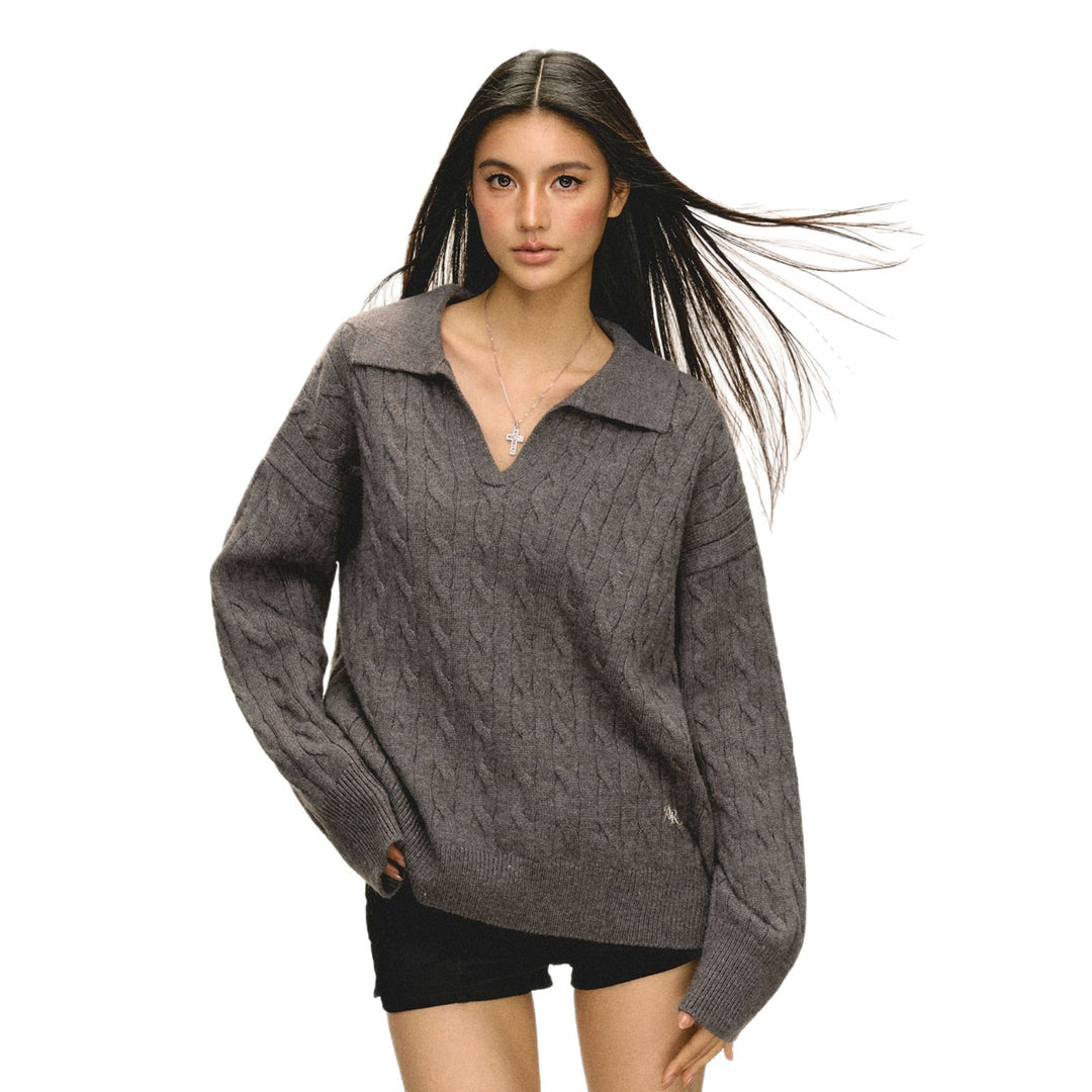 Damen Grob gestrickter Pullover mit V-Ausschnitt und Kragen R&B