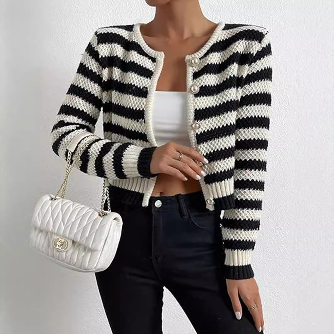 Damen gestreifte Strickjacke mit dekorativen Knöpfen R&B