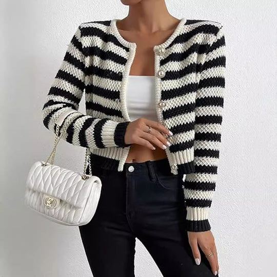 Damen gestreifte Strickjacke mit dekorativen Knöpfen R&B