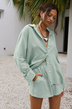 Damen Lässiges Kurzarm-Blusen- und Shorts-Set R&B