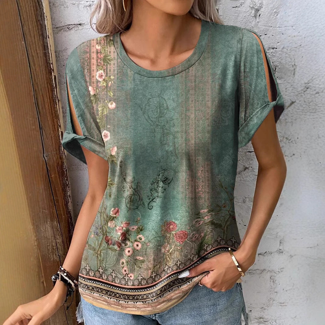 Damen florales Oversized-T-Shirt mit Cut-Out-Ärmeln R&B