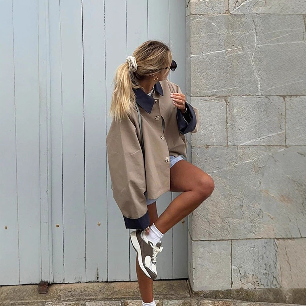 Damen lässige Oversized-Jacke mit kontrastierendem Kragen R&B