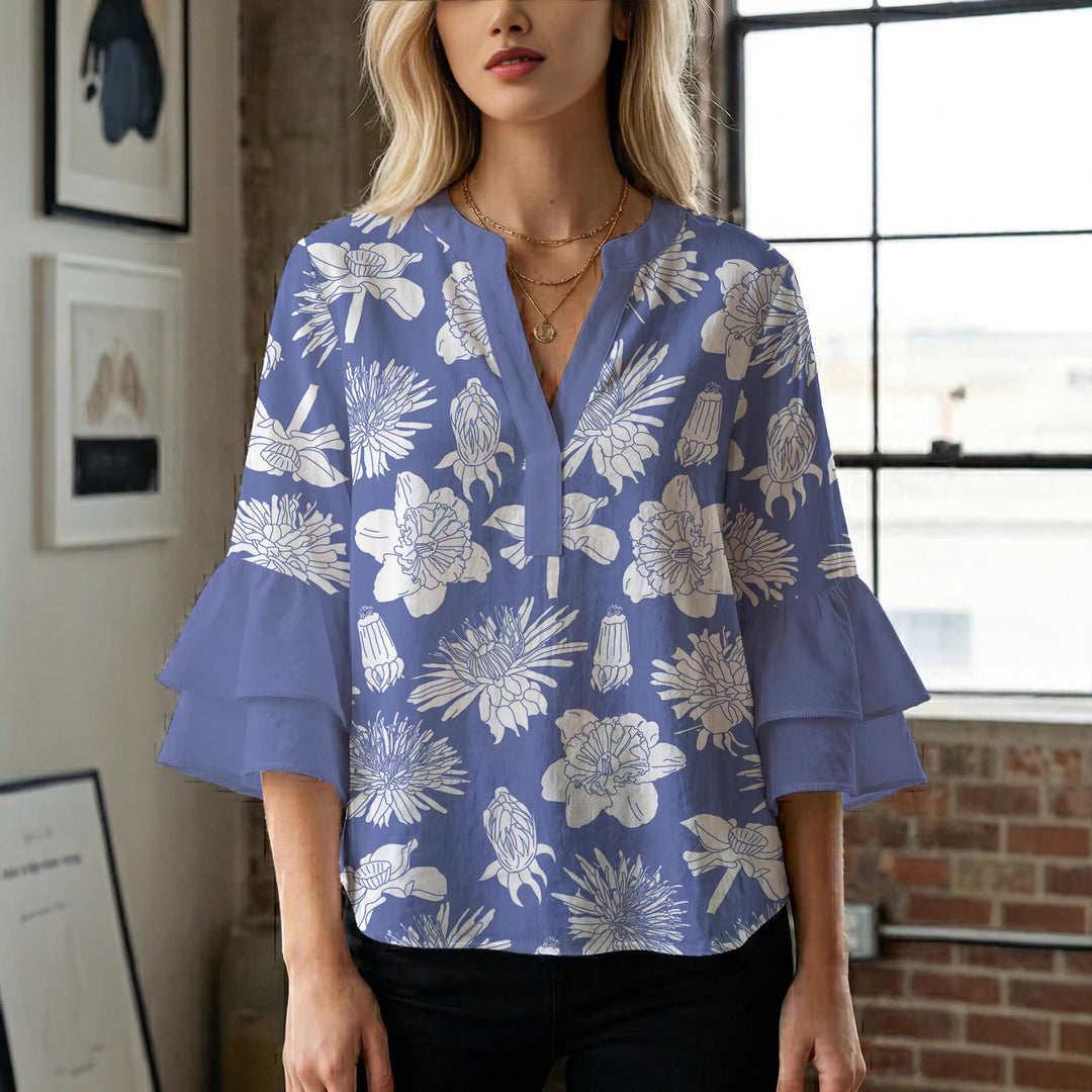 Damen elegantes Blusenshirt mit voluminösen Rüsenärmeln und grafischem Blumendesign R&B