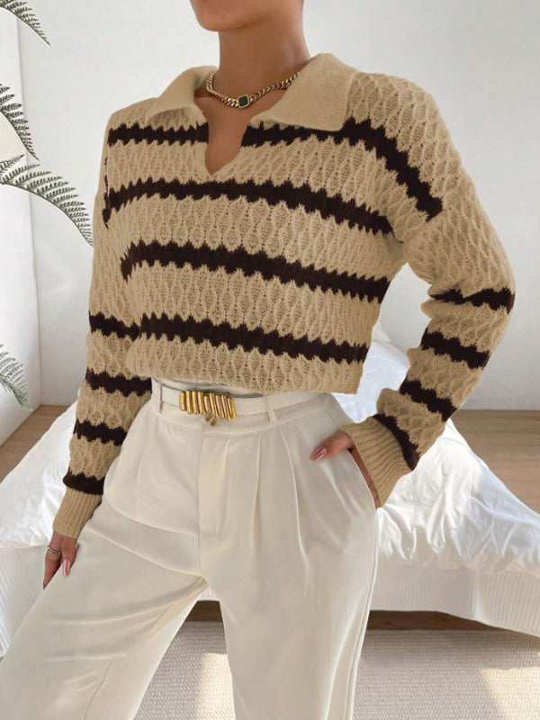 Damen Strickpullover im lässigen Stil mit strukturiertem V-Ausschnitt und hellen Akzenten R&B