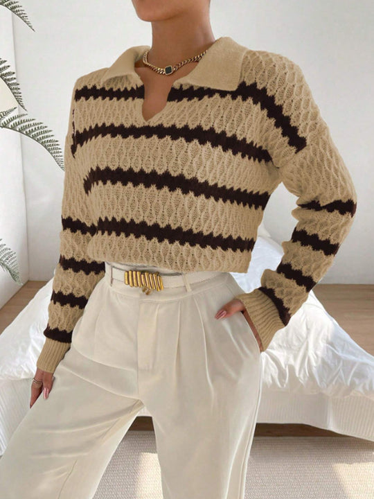 Damen Strickpullover im lässigen Stil mit strukturiertem V-Ausschnitt und hellen Akzenten R&B