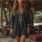 Damen Strandkleid mit kunstvoller Stickerei und weiten Ärmeln R&B