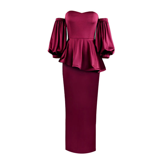 Damen Elegantes Kleid mit schulterfreiem Design und voluminösen Puffärmeln R&B