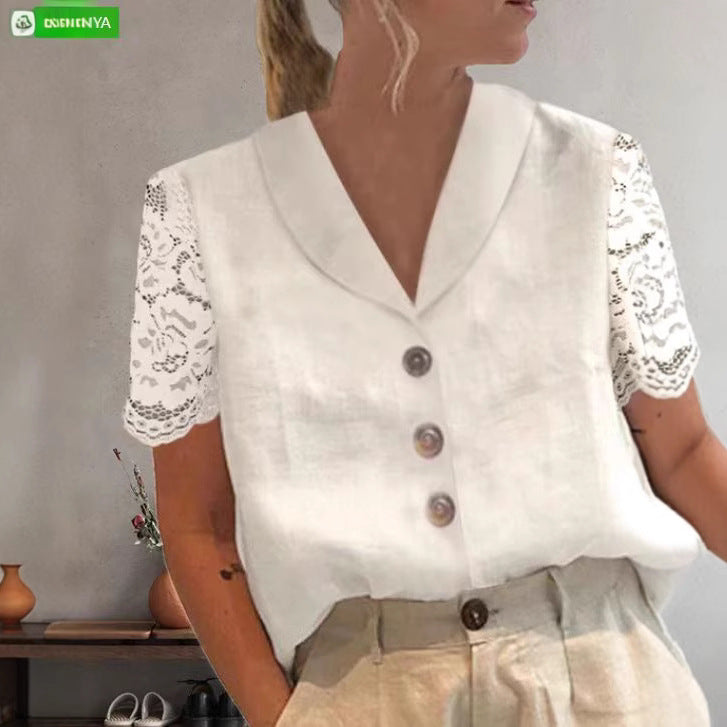 Damen Bluse mit Spitzenärmeln und raffinierten Knopfdetails Heidi-Mode