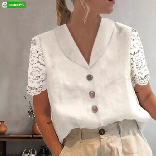 Damen Bluse mit Spitzenärmeln und raffinierten Knopfdetails Heidi-Mode