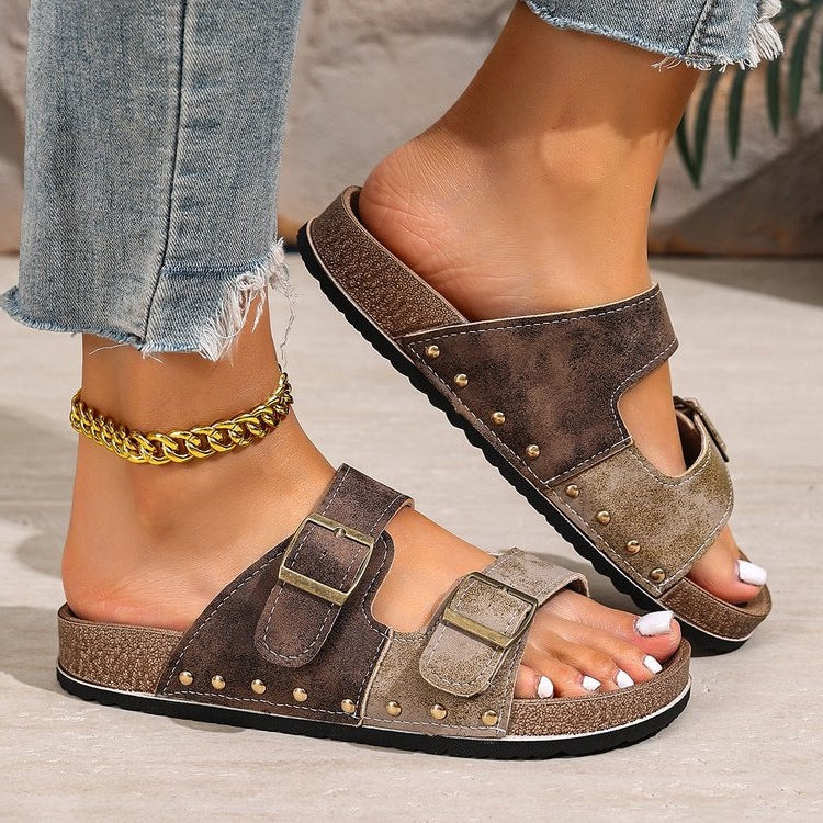 Damen bequeme Riemchen-Sandalen mit modischen Doppelschnallen R&B