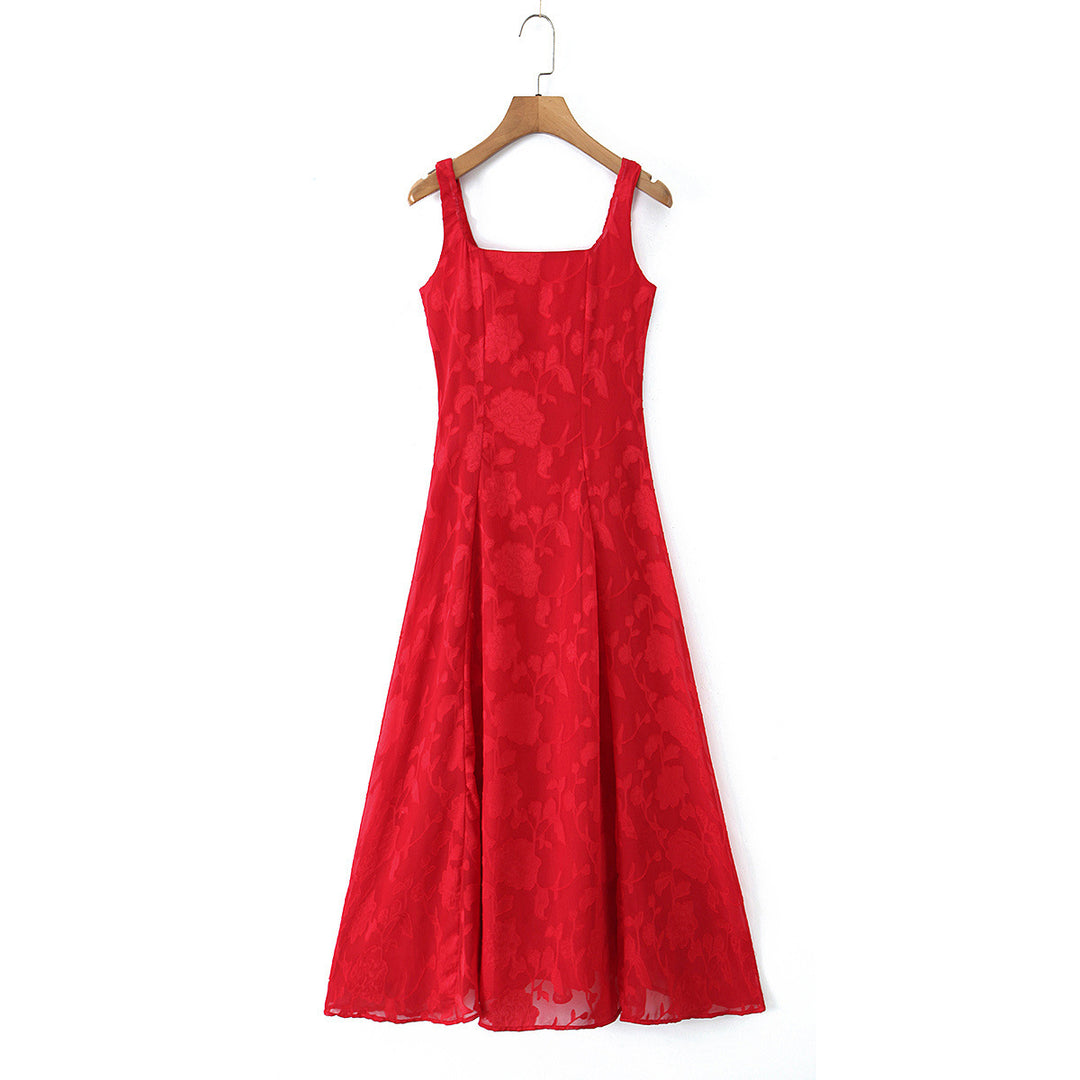 Damen Maxikleid mit floralem Reliefmuster und eleganten Trägern R&B