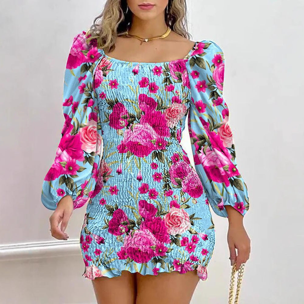Damen Minikleid mit Puffärmeln und floralem Faltenmuster R&B