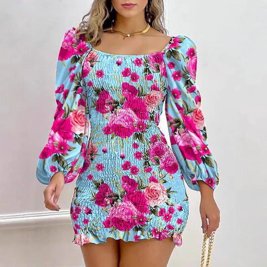 Damen Minikleid mit Puffärmeln und floralem Faltenmuster R&B