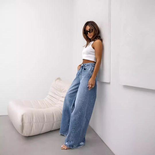 Damen Weit geschnittene Jeanshose mit hohem Bund und lässigem Stil R&B