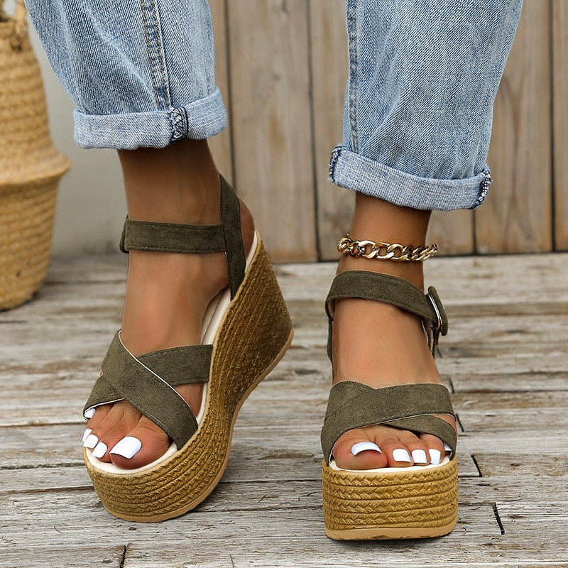 Damen Keil-Sandalen mit modischem Überkreuzriemen und rutschfester Sohle R&B
