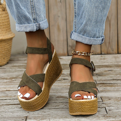 Damen Keil-Sandalen mit modischem Überkreuzriemen und rutschfester Sohle R&B