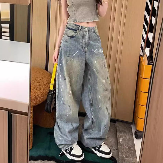 Damen weite Jeans mit lässigem Schnitt und auffälliger Waschung R&B