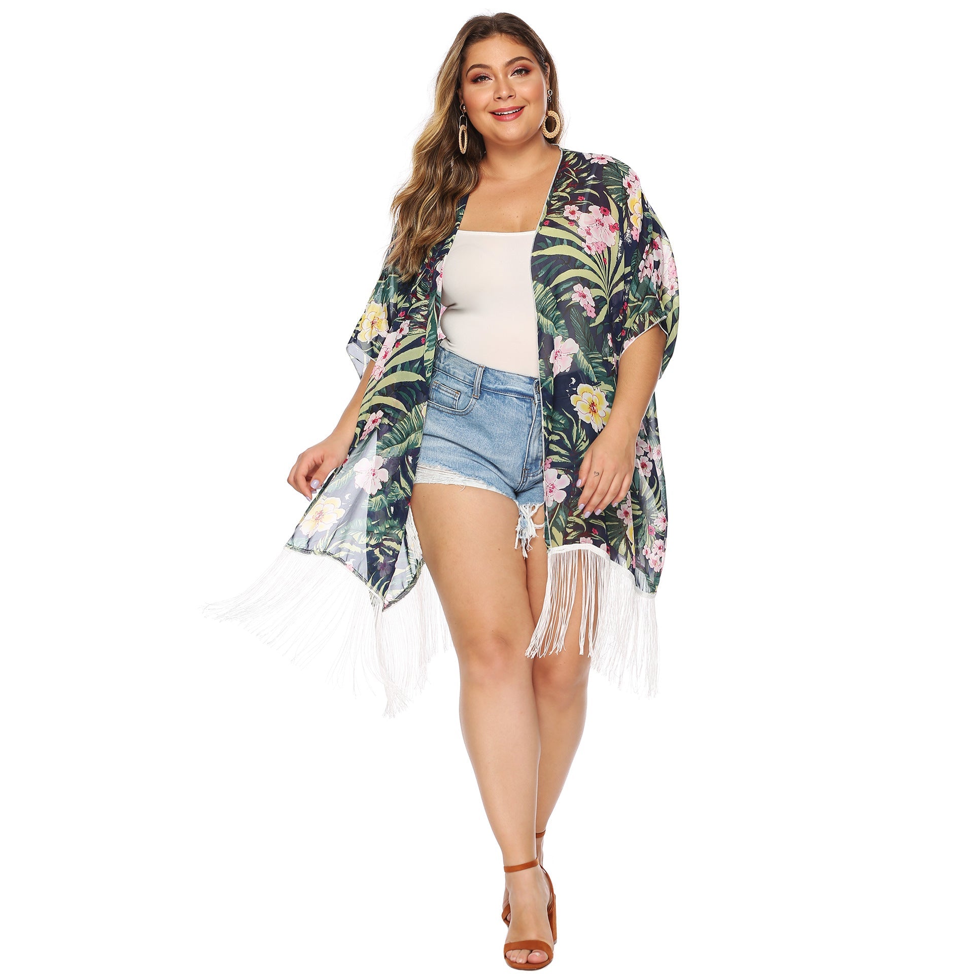 Damen luftiger Strandkimono mit fransigen Akzenten R&B