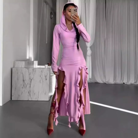 Damen Langarm Maxikleid mit Kapuze und Rüschendetails R&B