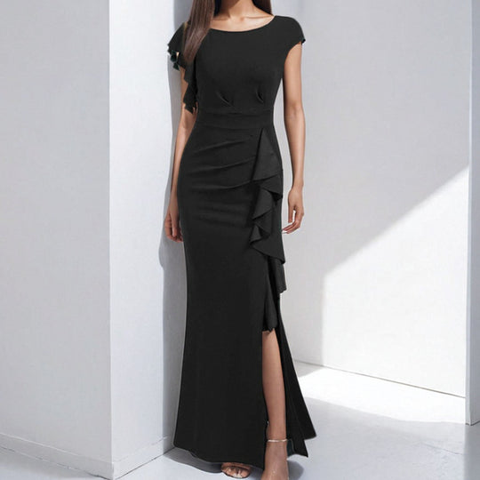 Damen elegantes Maxikleid mit Rüschendetails und seitlichem Schlitz R&B