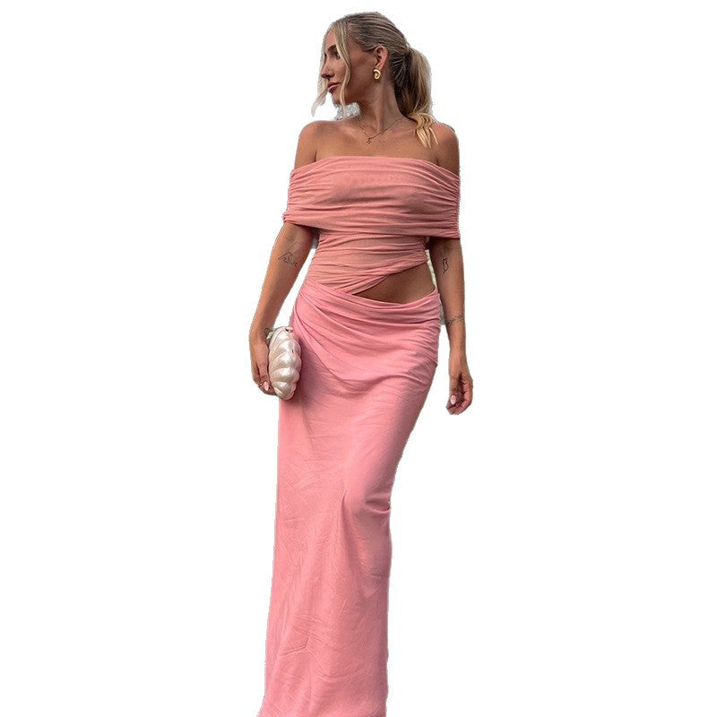 Damen Maxi-Kleid mit transparenten Elementen und Wickel-Detail R&B