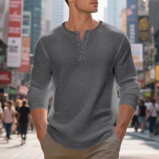 Herren nan thermoregulierendes Waffel-Thermalshirt mit Kurzknopfleiste und gerundetem Saum R&B