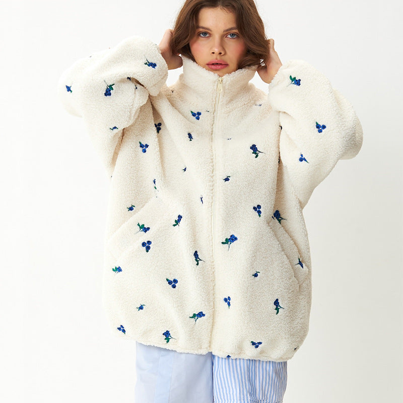 Damen kuschelige Fleecejacke mit Blumenstickerei R&B