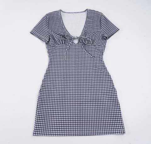 Damen kurzes, tailliertes Vichykleid mit Raffung und Bindeband R&B
