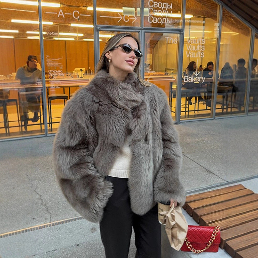 Damen luxuriöse Kunstfelljacke mit voluminösen Ärmeln R&B