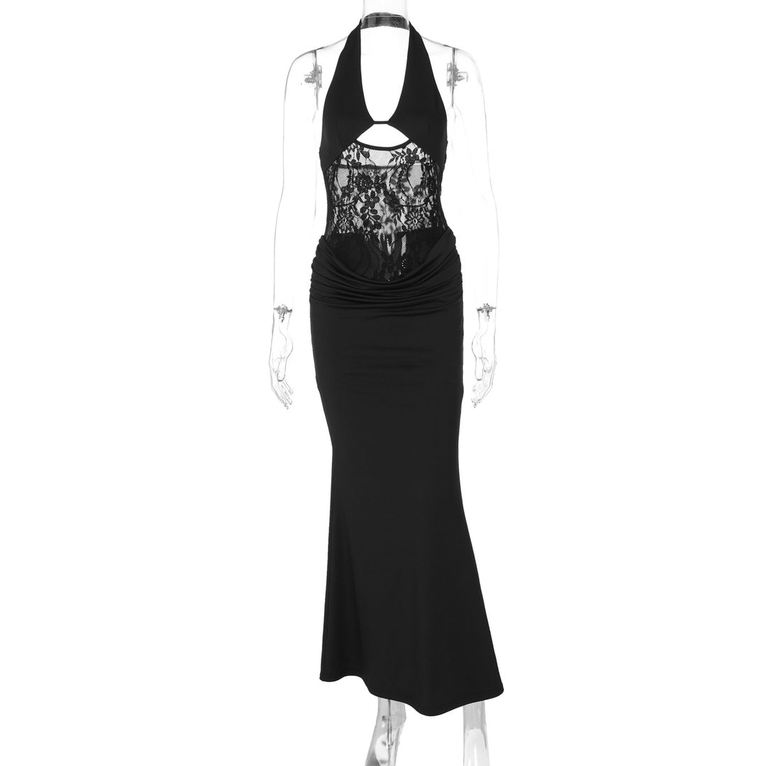 Damen Elegantes Maxikleid mit Halterneck, Spitzenverzierung und figurbetontem Schnitt R&B