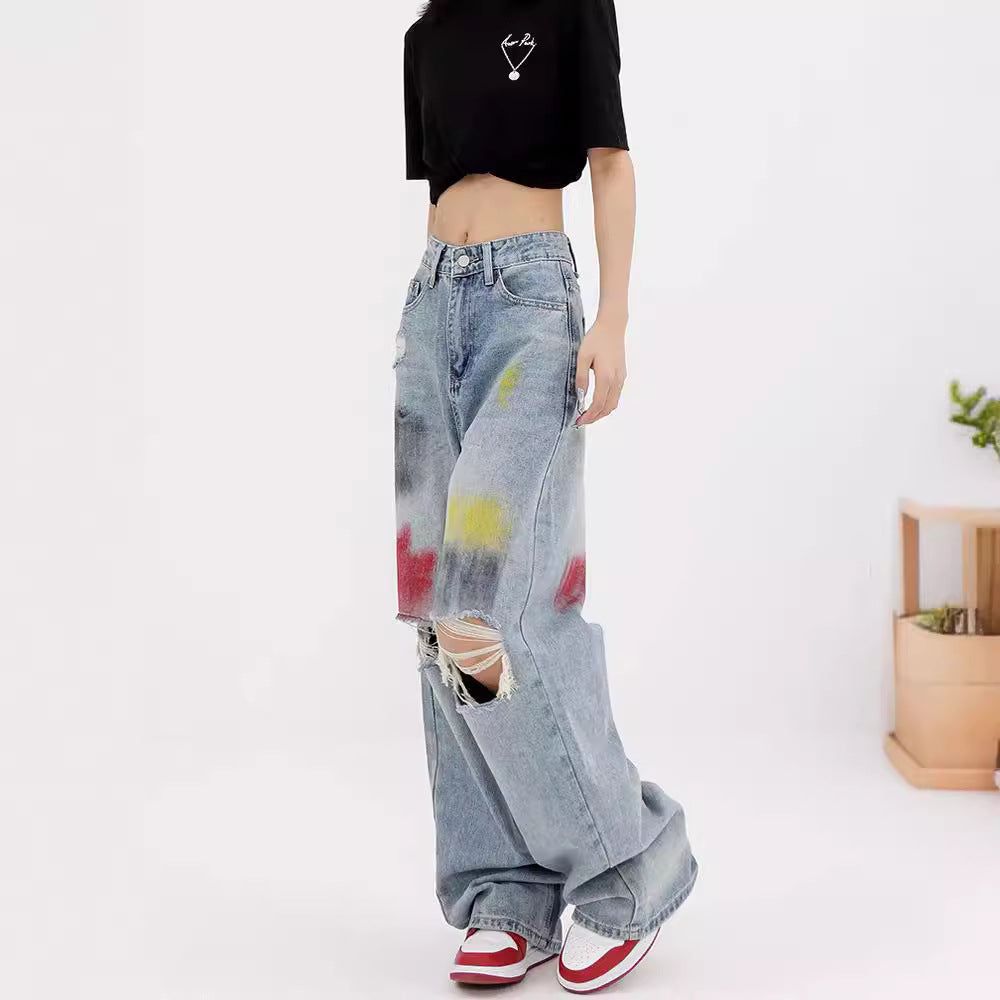 Damen Weite Destroyed Jeans mit bunter Akzentuierung und modischen Rissen R&B