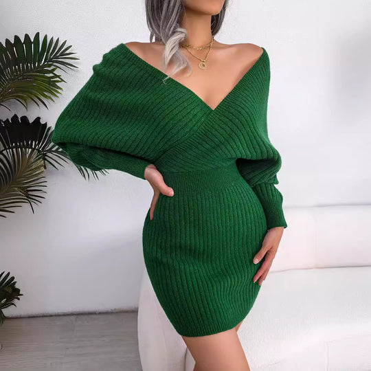 Damen gestricktes Minikleid mit V-Ausschnitt R&B