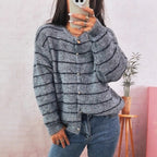 Damen gemütliche Strickjacke mit elegantem Streifenmuster und schimmernden Knöpfen R&B