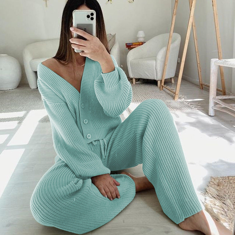 Damen Angesagtes Strick-Loungewear-Set mit modischen Knöpfen und Kordelzug R&B