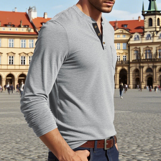 Herren Langarm-Henley-Shirt mit Knopfleiste und eleganten Akzenten R&B