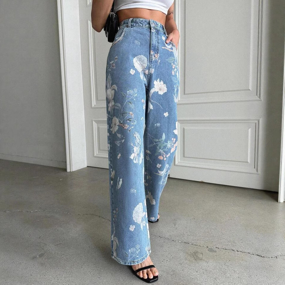 Damen Weite Denim-Hose mit floralem Muster und hohem Bund R&B
