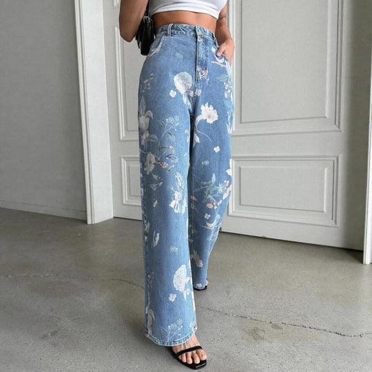 Damen Weite Denim-Hose mit floralem Muster und hohem Bund R&B