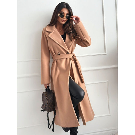 Damen eleganter taillierter Trenchcoat mit geschlossenem Kragen und Gürtel R&B