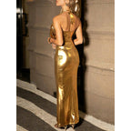 Damen Elegantes Abendkleid mit tiefem V-Ausschnitt und schimmerndem Material R&B