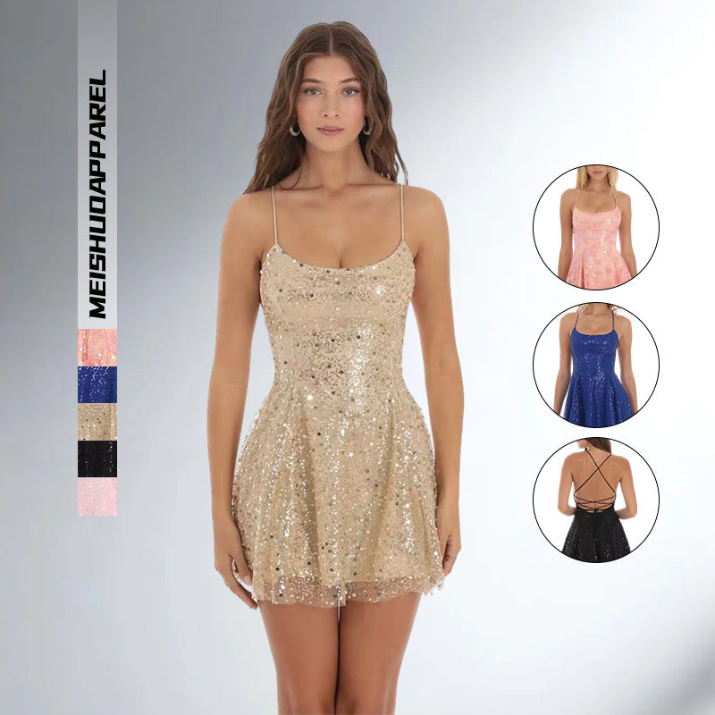 Damen Funktionskleid mit schimmernden Pailletten und verstellbaren Trägern R&B