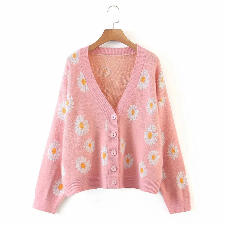 Damen Strickjacke mit Blumenmuster und V-Ausschnitt R&B