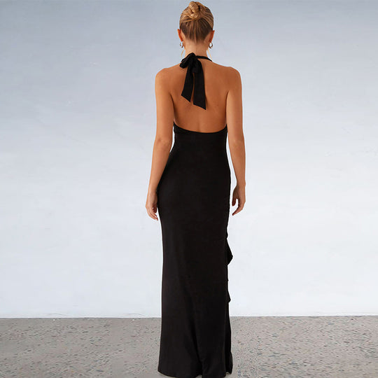 Damen elegantes Maxikleid mit tiefem V-Ausschnitt und seitlichem Schlitz R&B