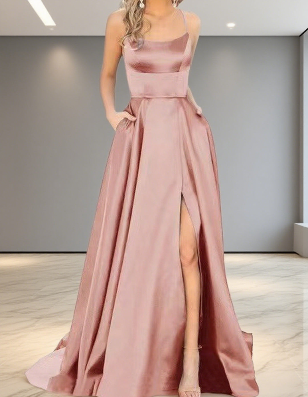 Damen Elegantes Abendkleid mit seitlichem Schlitz und schmalen Spaghetti-Trägern R&B