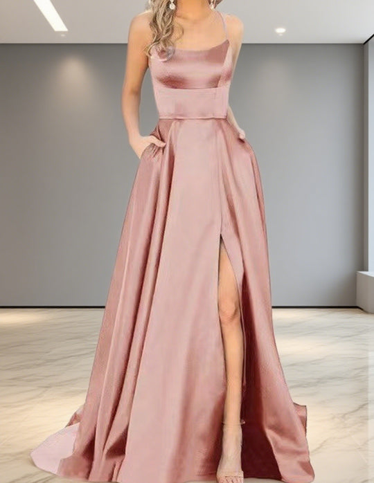 Damen Elegantes Abendkleid mit seitlichem Schlitz und schmalen Spaghetti-Trägern R&B
