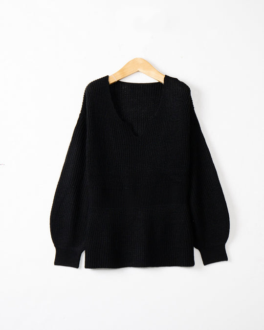 Damen Grobstrickpullover mit tiefem V-Ausschnitt und lässigem Schnitt R&B