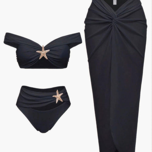 Damen Bikini-Set mit eleganter Wickelrock-Optik und modischem Stern-Applikation R&B