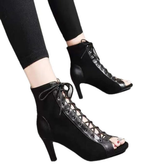 Damen Offene Zehen-Stiefeletten mit elegantem Schnürdesign und hohem Absatz R&B